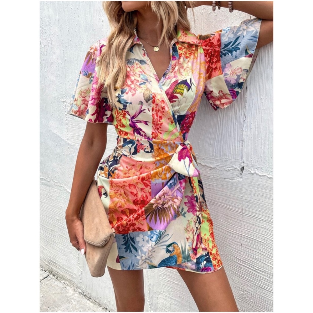 Boho Floral Tropical Butterfly Sleeve Wrap Dress